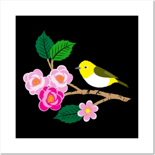 Japanese sakura flowers with yellow birds Posters and Art